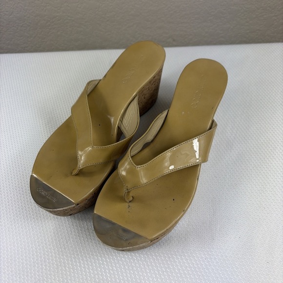 Jimmy Choo Shoes - Jimmy Choo Pathos patent leather thong slip-on cork wedge sandals woman 37.5